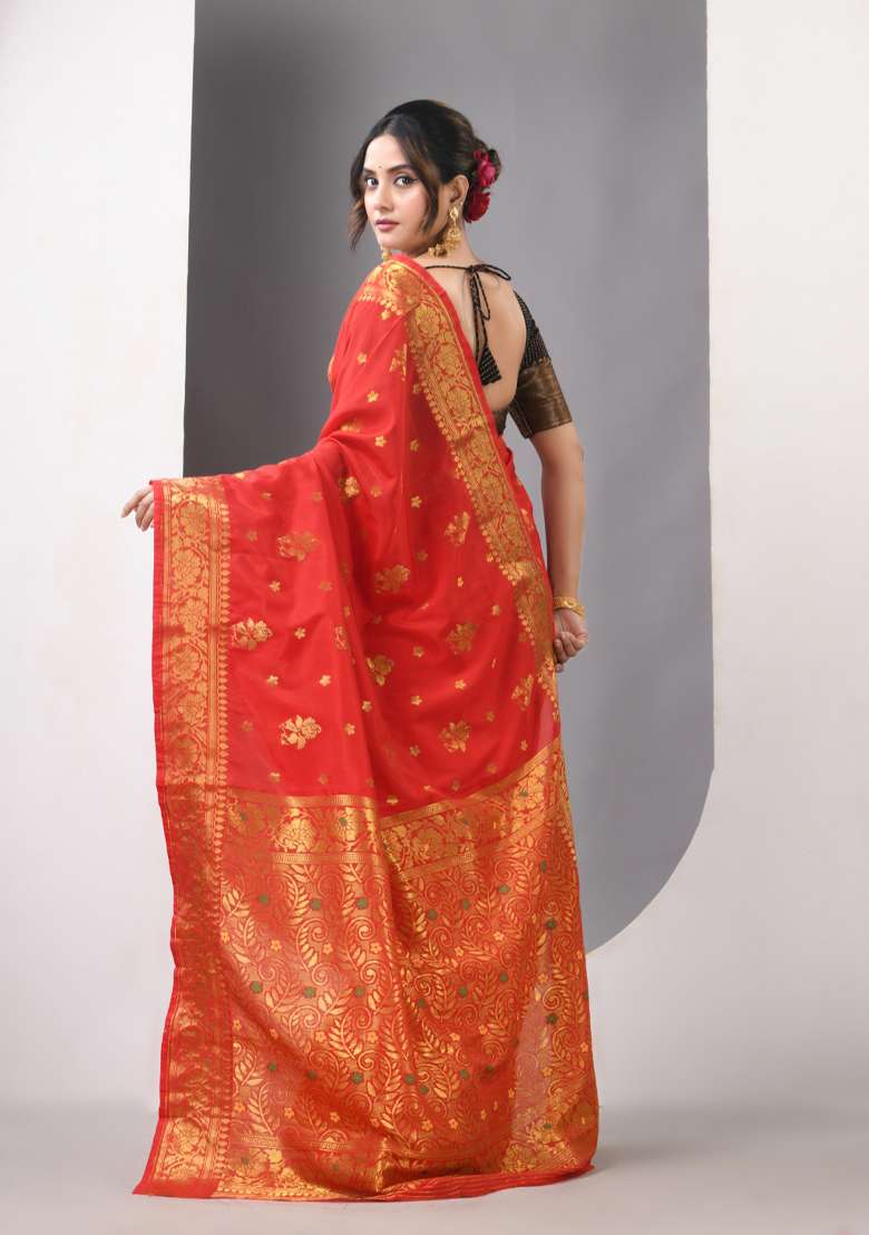 Red Zari Work Silk Blend Saree Set - Indya
