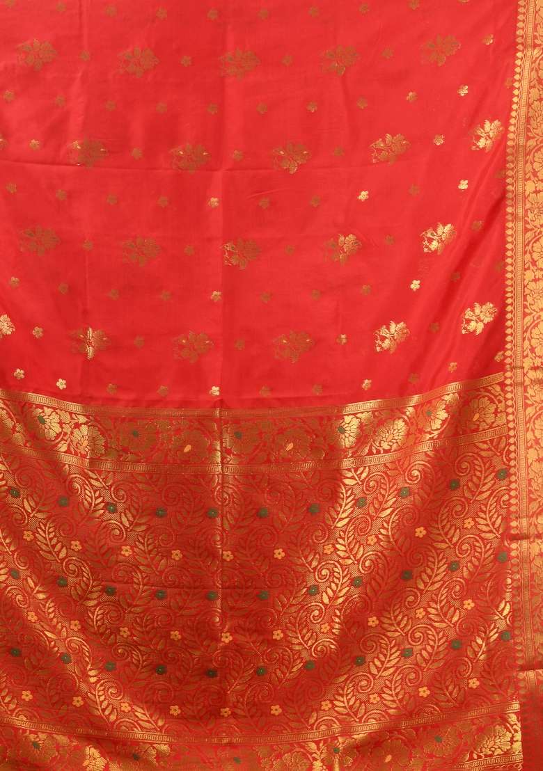 Red Zari Work Silk Blend Saree Set - Indya
