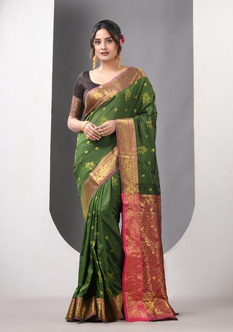 Sap Green Zari Work Silk Saree Set