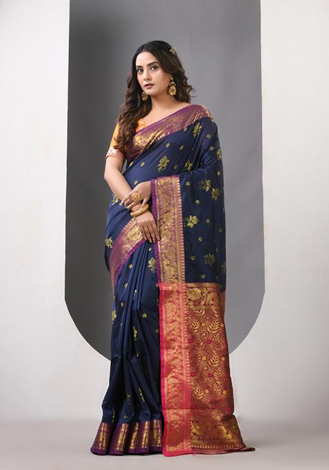 Navy Blue Zari Work Silk Saree Set