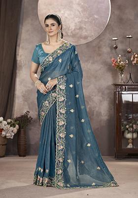 Sea Green Embroidered Net Saree Set