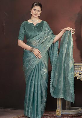 Sea Green Embroidered Net Saree Set