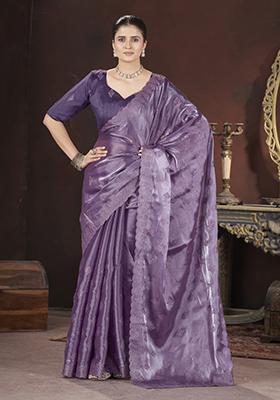 Purple Embroidered Net Saree Set