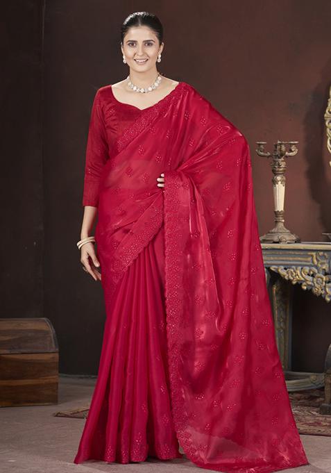 Red Embroidered Net Saree Set