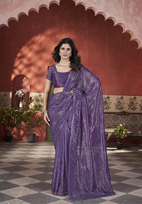 Purple Embroidered Net Saree Set