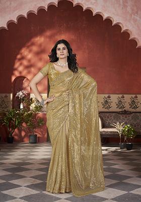 Mustard Yellow Embroidered Net Saree Set