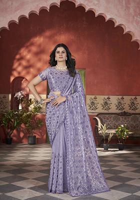 Purple Embroidered Net Saree Set