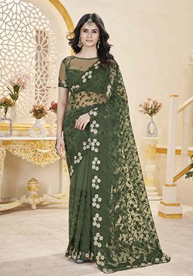 Green Embroidered Net Saree Set
