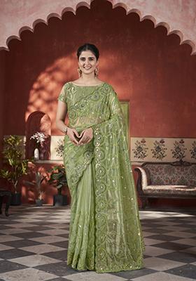 Green Embroidered Net Saree Set