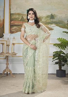 Sea Green Embroidered Net Saree Set