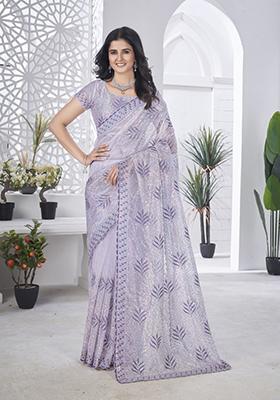 Purple Embroidered Net Saree Set