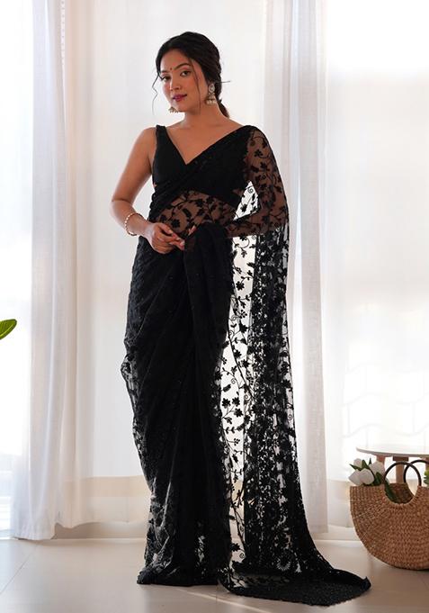 Buy Women Black Embroidered Net Saree Set - XSR44718 - Black Saree - Indya