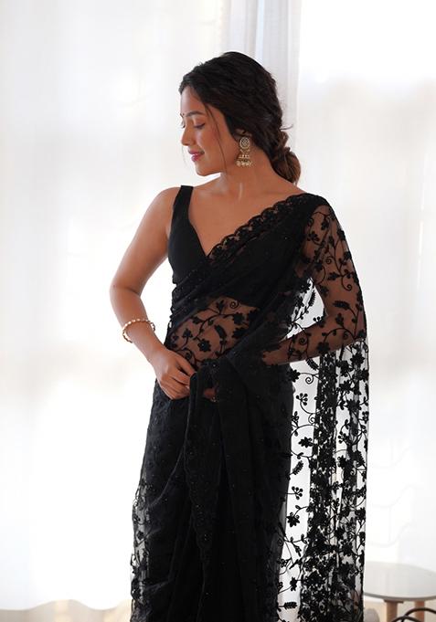 Vibgyor Fashion Embroidered Net  Unstitched Saree S7-23U Circulus Black - Festive Collection