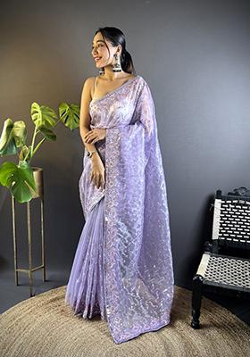 Purple Embroidered Net Saree Set
