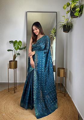Teal Blue Embroidered Jimmy Chu Saree Set
