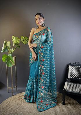 Teal Blue Embroidered Net Saree Set