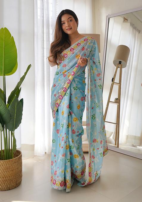 Blue Embroidered Net Saree Set