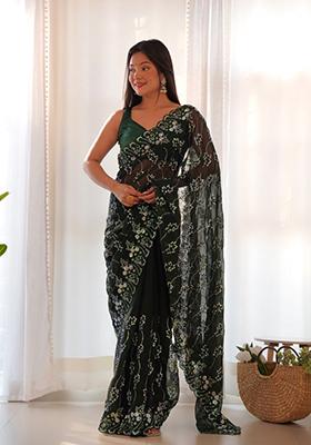 Green Embroidered Net Saree Set