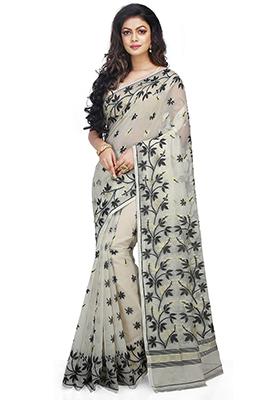 White Jamdani Art Silk Saree