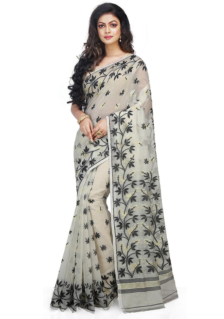White Jamdani Art Silk Saree