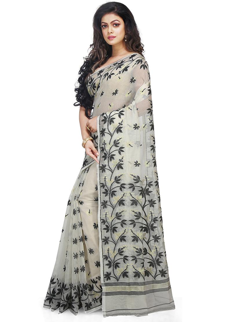 White Jamdani Art Silk Saree