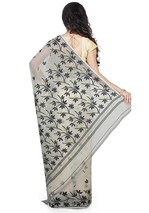 White Jamdani Art Silk Saree
