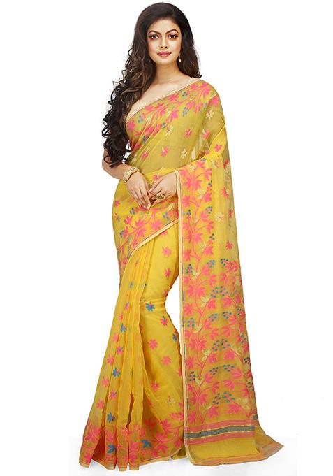 Yellow Jamdani Art Silk Saree