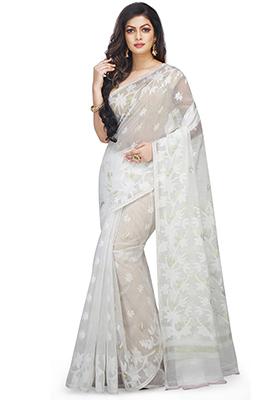 White Jamdani Art Silk Saree