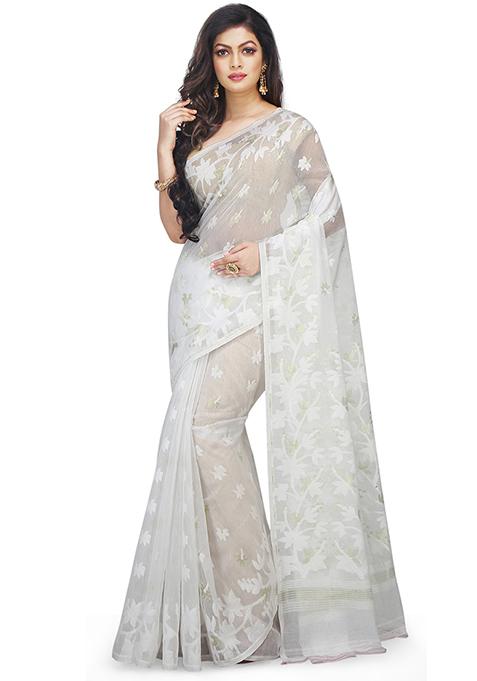 White Jamdani Art Silk Saree