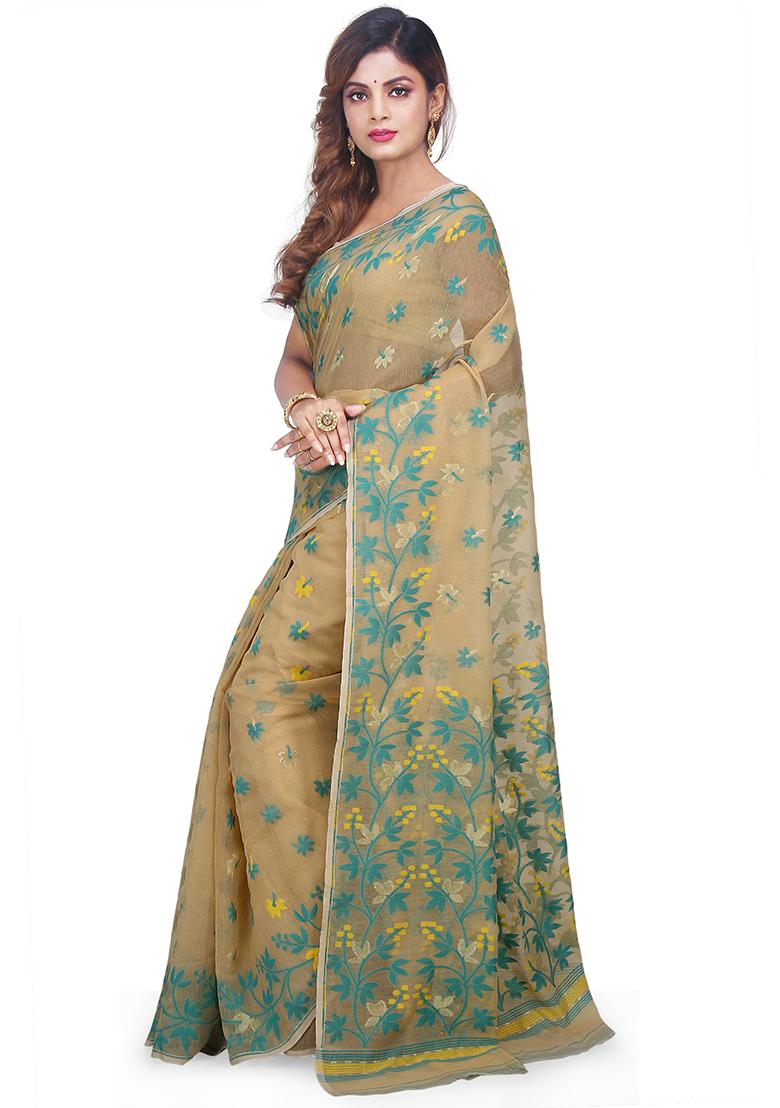 Beige Jamdani Art Silk Saree - Indya