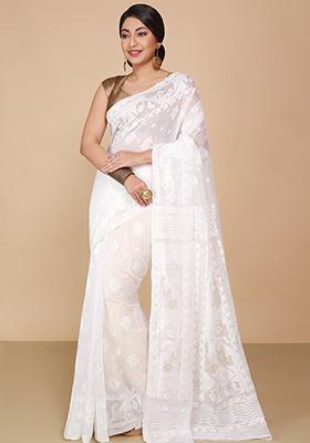 White Jamdani Art Silk Saree