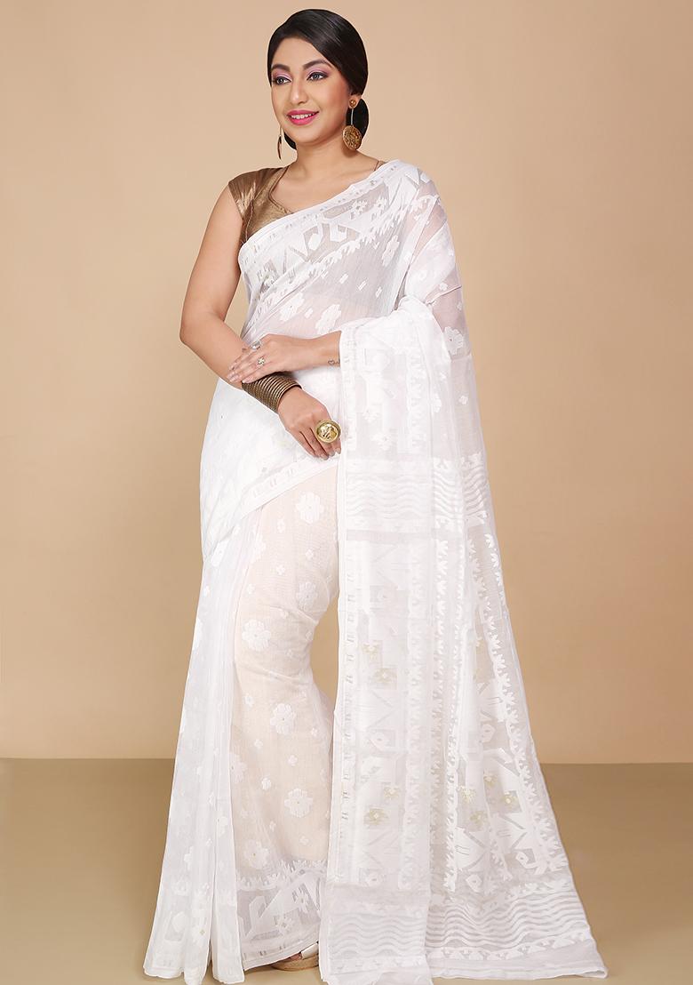 White Jamdani Art Silk Saree