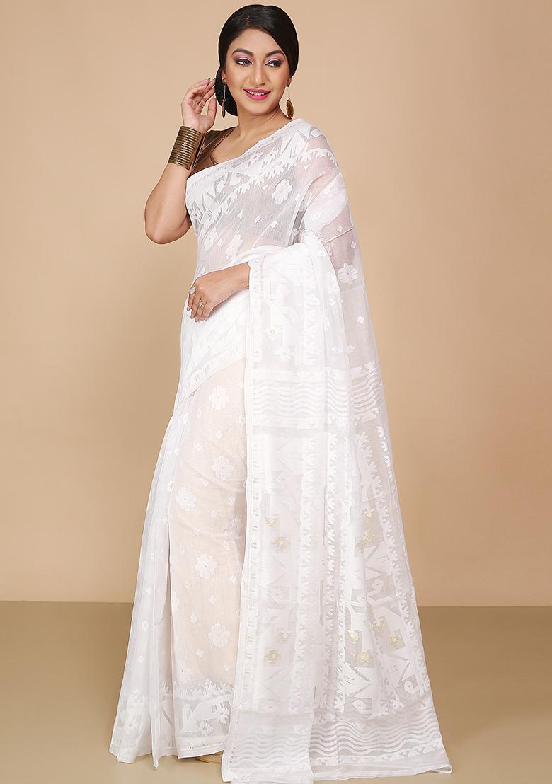 White Jamdani Art Silk Saree