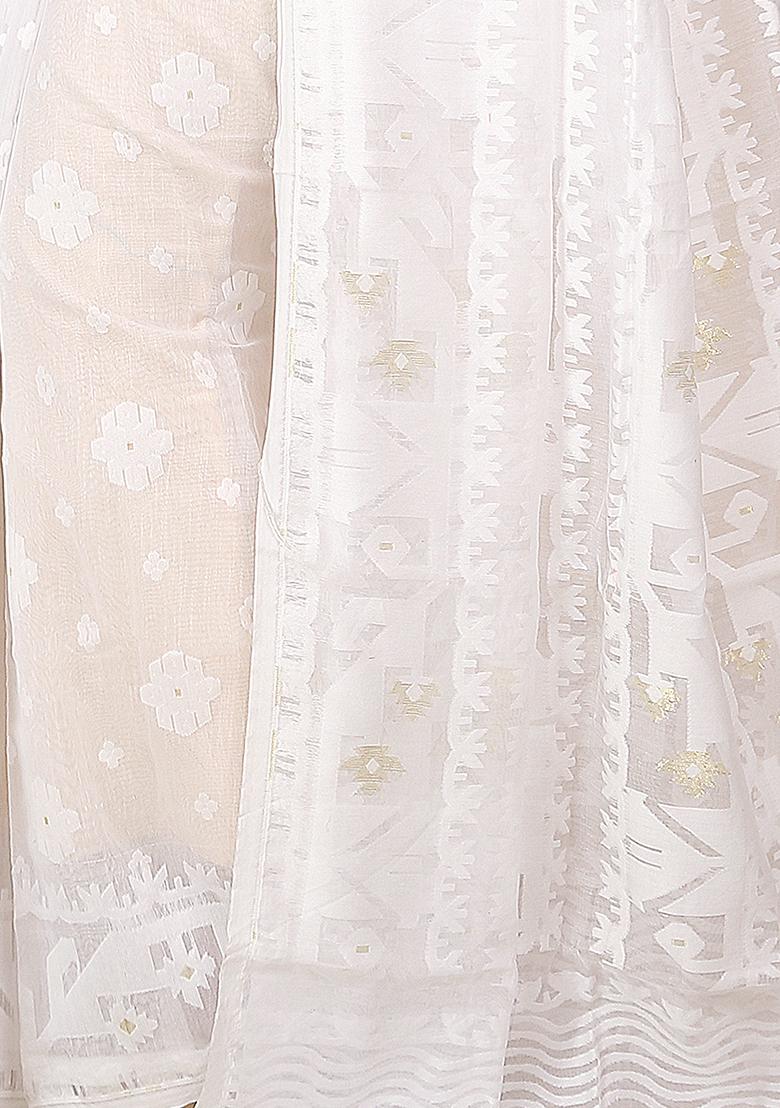 White Jamdani Art Silk Saree