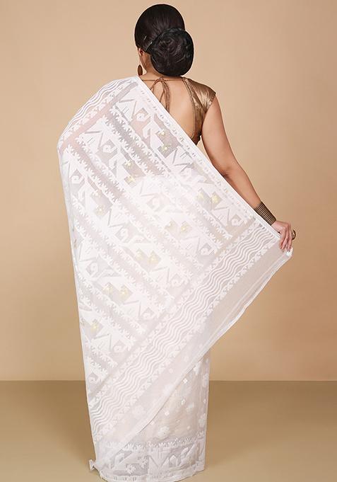 White Jamdani Art Silk Saree