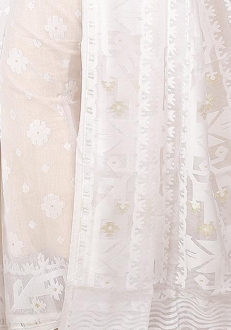 White Jamdani Art Silk Saree
