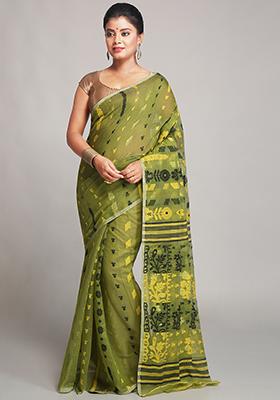 Deep Green Jamdani Art Silk Saree
