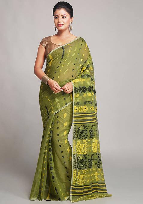 Deep Green Jamdani Art Silk Saree