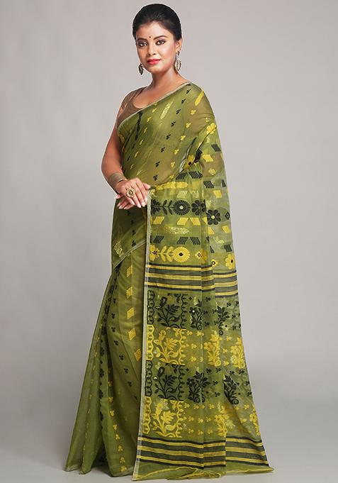 Deep Green Jamdani Art Silk Saree