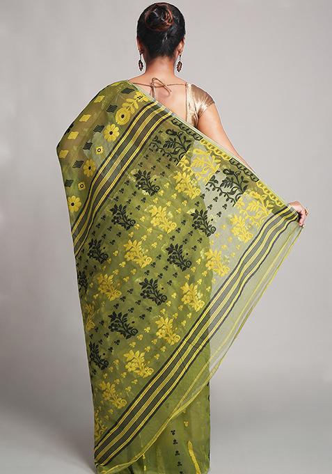 Deep Green Jamdani Art Silk Saree