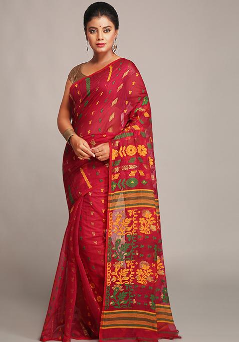 Red Jamdani Art Silk Saree