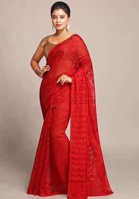 Red Jamdani Art Silk Saree