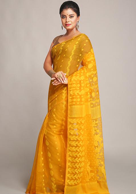Yellow Jamdani Art Silk Saree