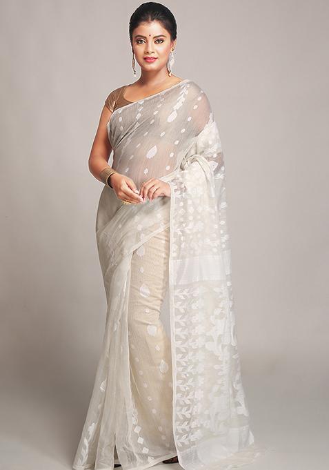 White Jamdani Art Silk Saree