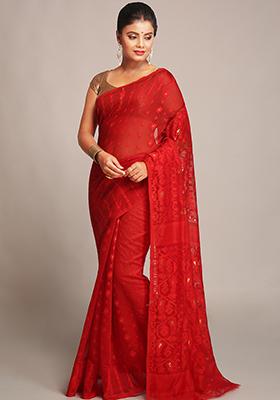 Red Jamdani Art Silk Saree