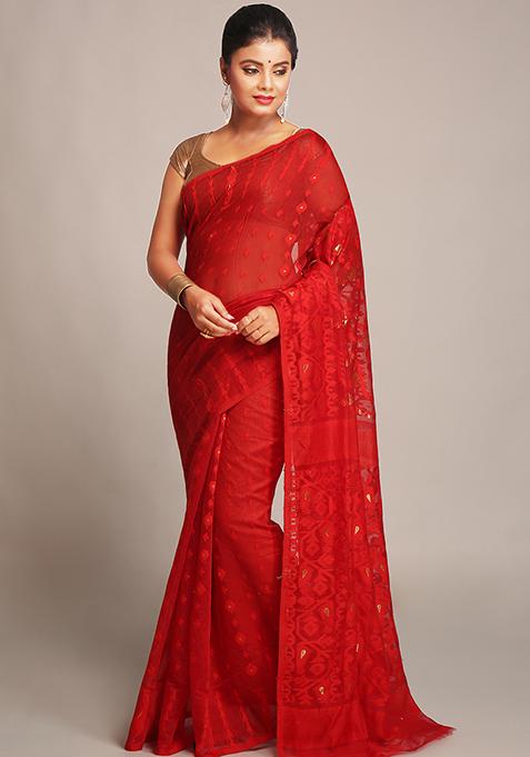 Red Jamdani Art Silk Saree