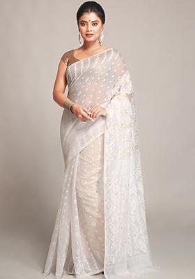 White Jamdani Art Silk Saree