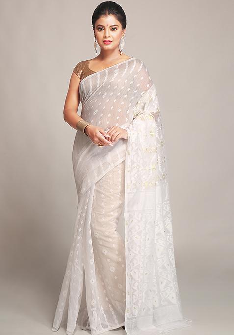 White Jamdani Art Silk Saree