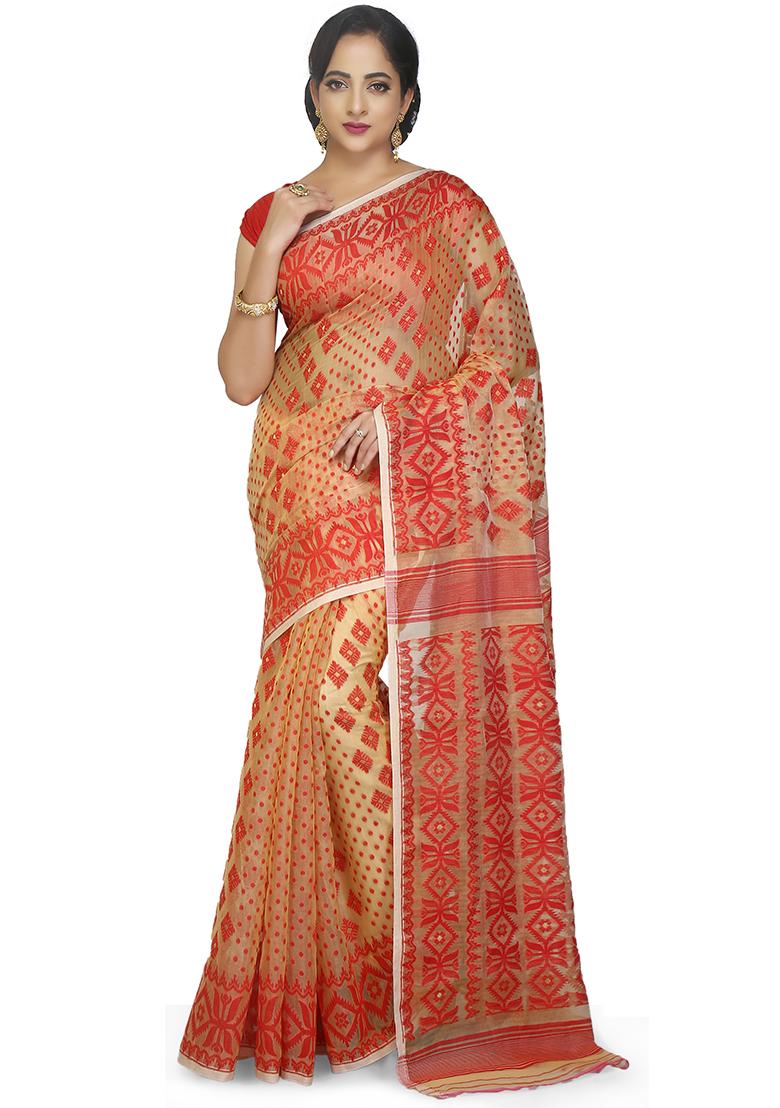 Beige Jamdani Art Silk Saree
