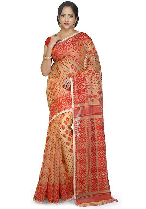 Beige Jamdani Art Silk Saree